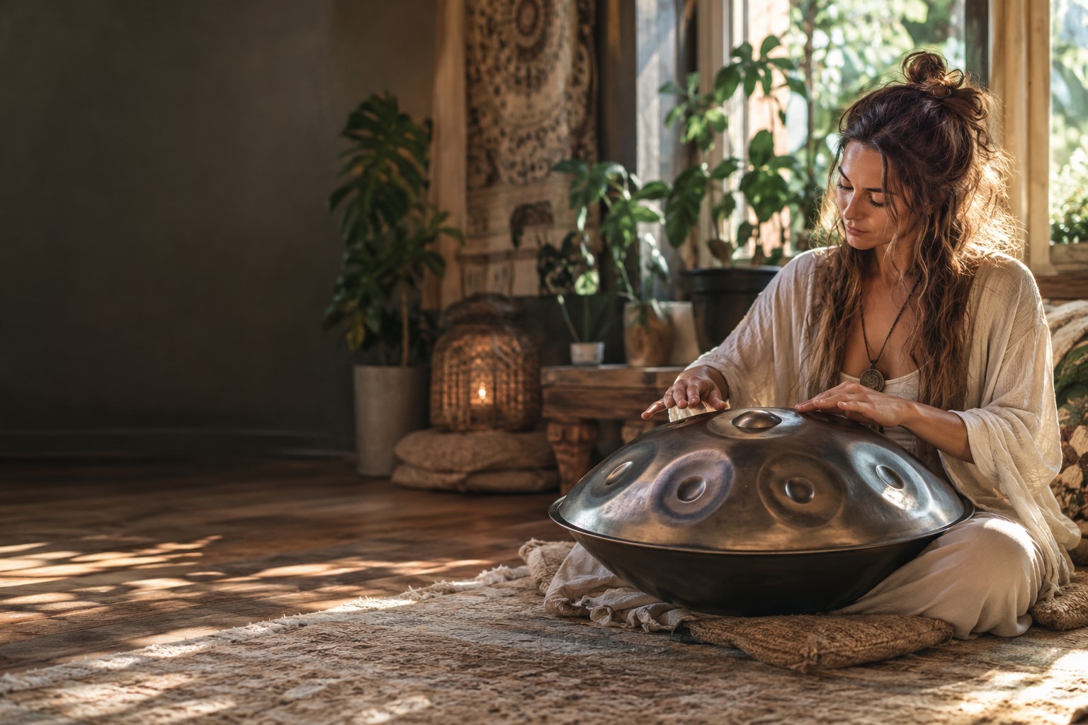 Three people playing handpans peacefully outdoors